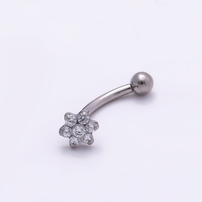 Titanium 16 Gauge Flower Clear CZ Curved Eyebrow Barbell Piercing Stud in Gold &amp; Silver | BJ-00154 BJ-00155