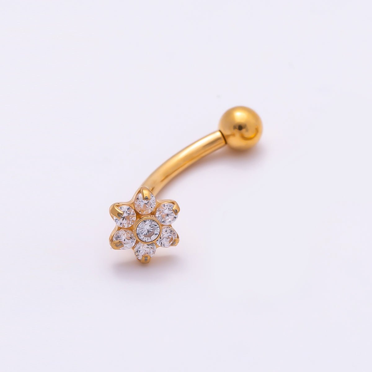 Titanium 16 Gauge Flower Clear CZ Curved Eyebrow Barbell Piercing Stud in Gold &amp; Silver | BJ-00154 BJ-00155