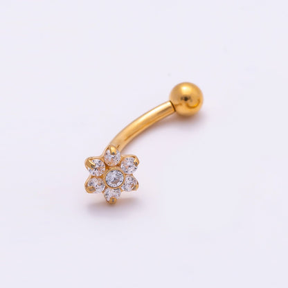 Titanium 16 Gauge Flower Clear CZ Curved Eyebrow Barbell Piercing Stud in Gold &amp; Silver | BJ-00154 BJ-00155