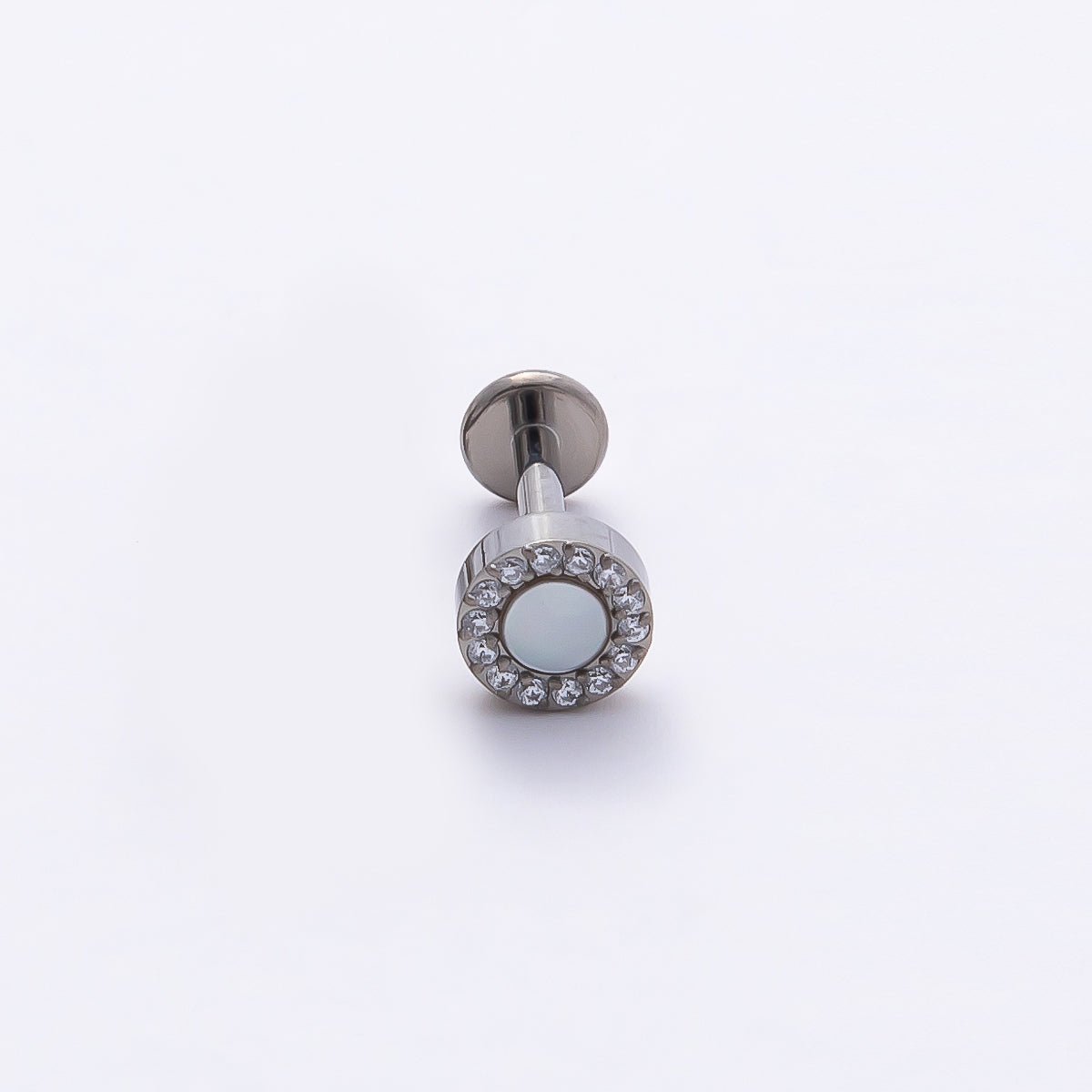 Titanium 5mm White Opal Micro Paved CZ Round Cartilage Piercing Flat Back Stud in Gold &amp; Silver | BJ-00182 BJ-00183