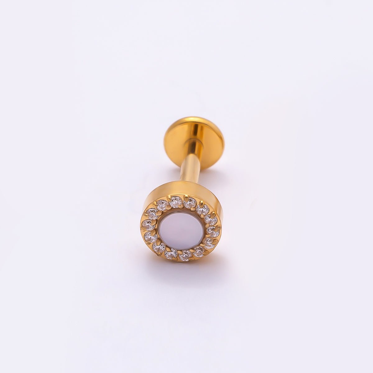 Titanium 5mm White Opal Micro Paved CZ Round Cartilage Piercing Flat Back Stud in Gold &amp; Silver | BJ-00182 BJ-00183