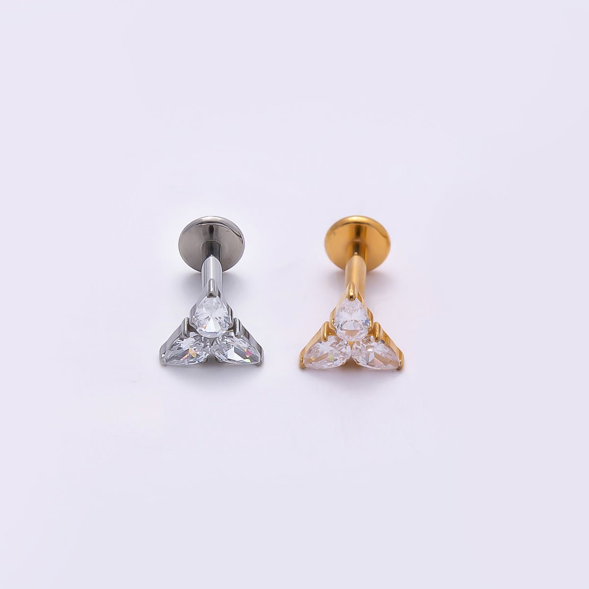 Titanium 6mm CZ Teardrop Flower Cartilage Piercing Flat Back Stud in Gold &amp; Silver | BJ-00194 BJ-00195