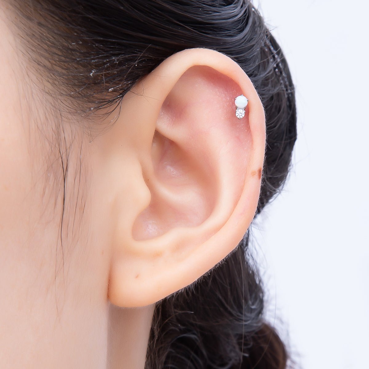 Titanium 6mm White Opal Clear CZ Single Cartilage Piercing Flat Back Stud in Gold &amp; Silver | BJ-00053 BJ-00054