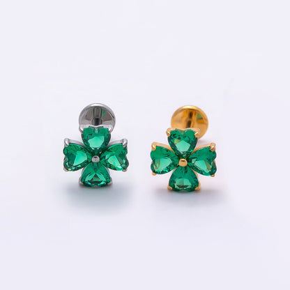 Titanium 7mm Green CZ Flower Cartilage Piercing Flat Back Stud in Gold &amp; Silver | BJ-00190 BJ-00191