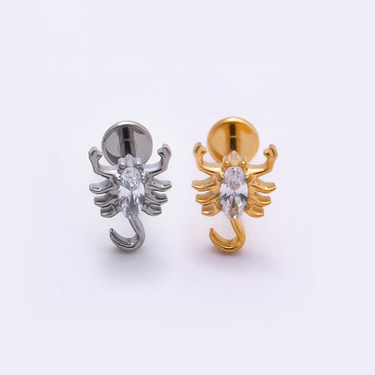 Titanium 8mm Clear CZ Scorpion Cartilage Piercing Flat Back Stud in Gold &amp; Silver | BJ-00162 BJ-00163