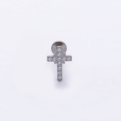 Titanium 8mm Micro Paved CZ Cross Cartilage Piercing Flat Back Stud in Gold &amp; Silver | BJ-00198 BJ-00199