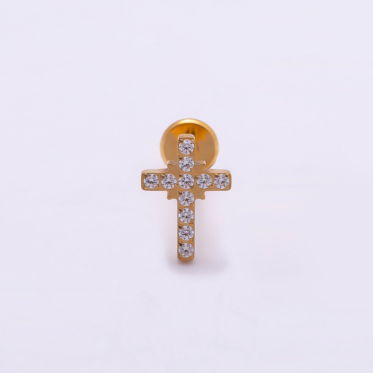Titanium 8mm Micro Paved CZ Cross Cartilage Piercing Flat Back Stud in Gold &amp; Silver | BJ-00198 BJ-00199