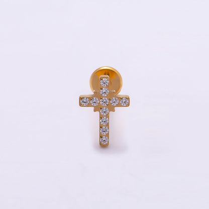 Titanium 8mm Micro Paved CZ Cross Cartilage Piercing Flat Back Stud in Gold &amp; Silver | BJ-00198 BJ-00199