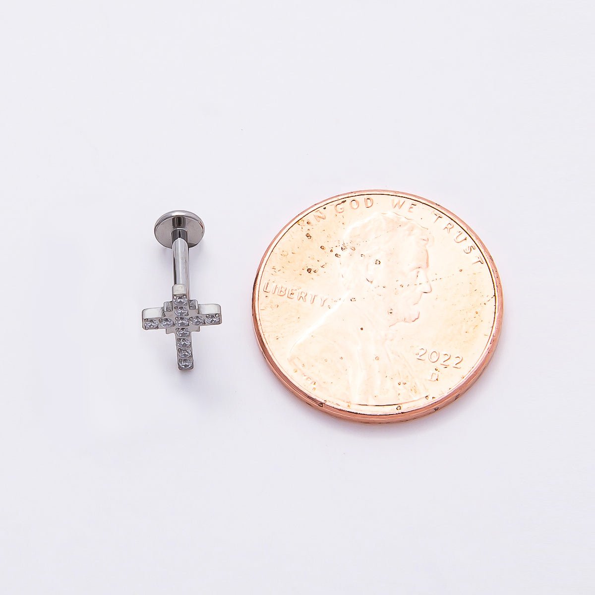 Titanium 8mm Micro Paved CZ Cross Cartilage Piercing Flat Back Stud in Gold &amp; Silver | BJ-00198 BJ-00199