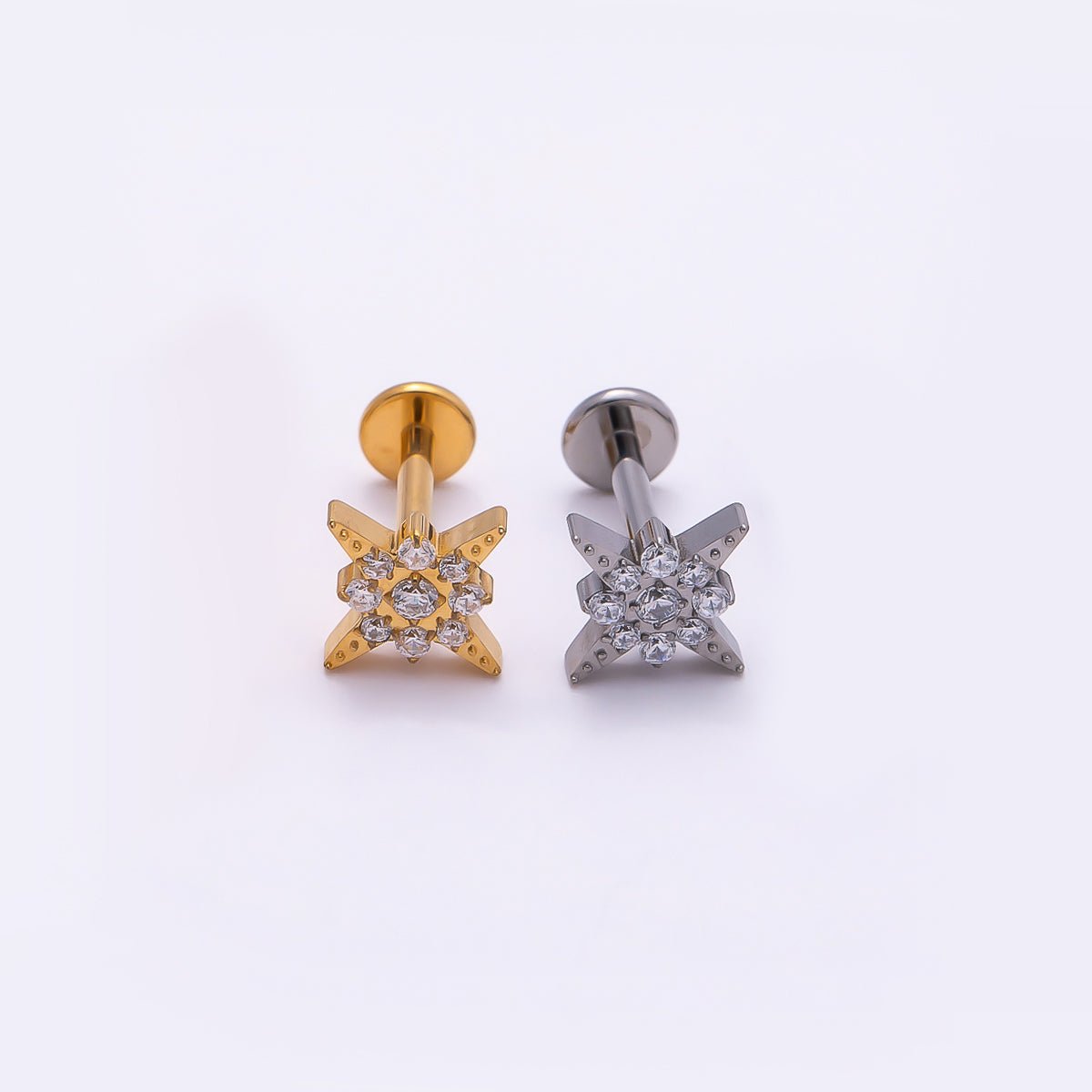 Titanium 8mm Star Micro Paved CZ Cartilage Piercing Flat Back Stud in Gold &amp; Silver | BJ-00082 BJ-00083