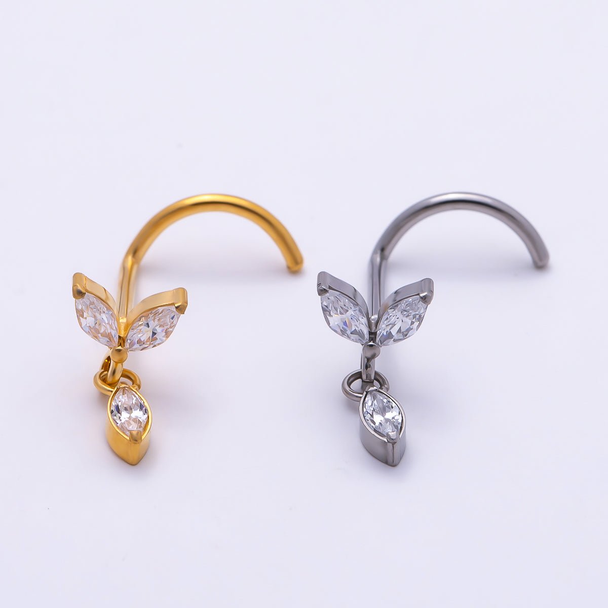 Titanium 9.5mm Marquise CZ Leaf Cartilage Nose Single Piercing Stud in Gold and Silver | BJ-00232 BJ-00233