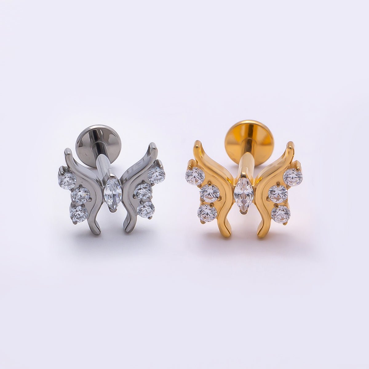 Titanium 9mm Clear Marquise CZ Butterfly Cartilage Piercing Flat Back Stud in Gold &amp; Silver | BJ-00184 BJ-00185