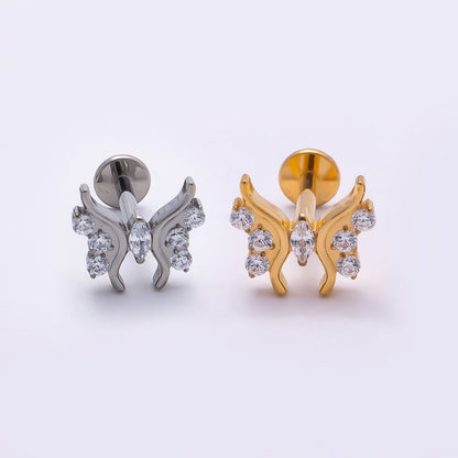 Titanium 9mm Clear Marquise CZ Butterfly Cartilage Piercing Flat Back Stud in Gold &amp; Silver | BJ-00184 BJ-00185