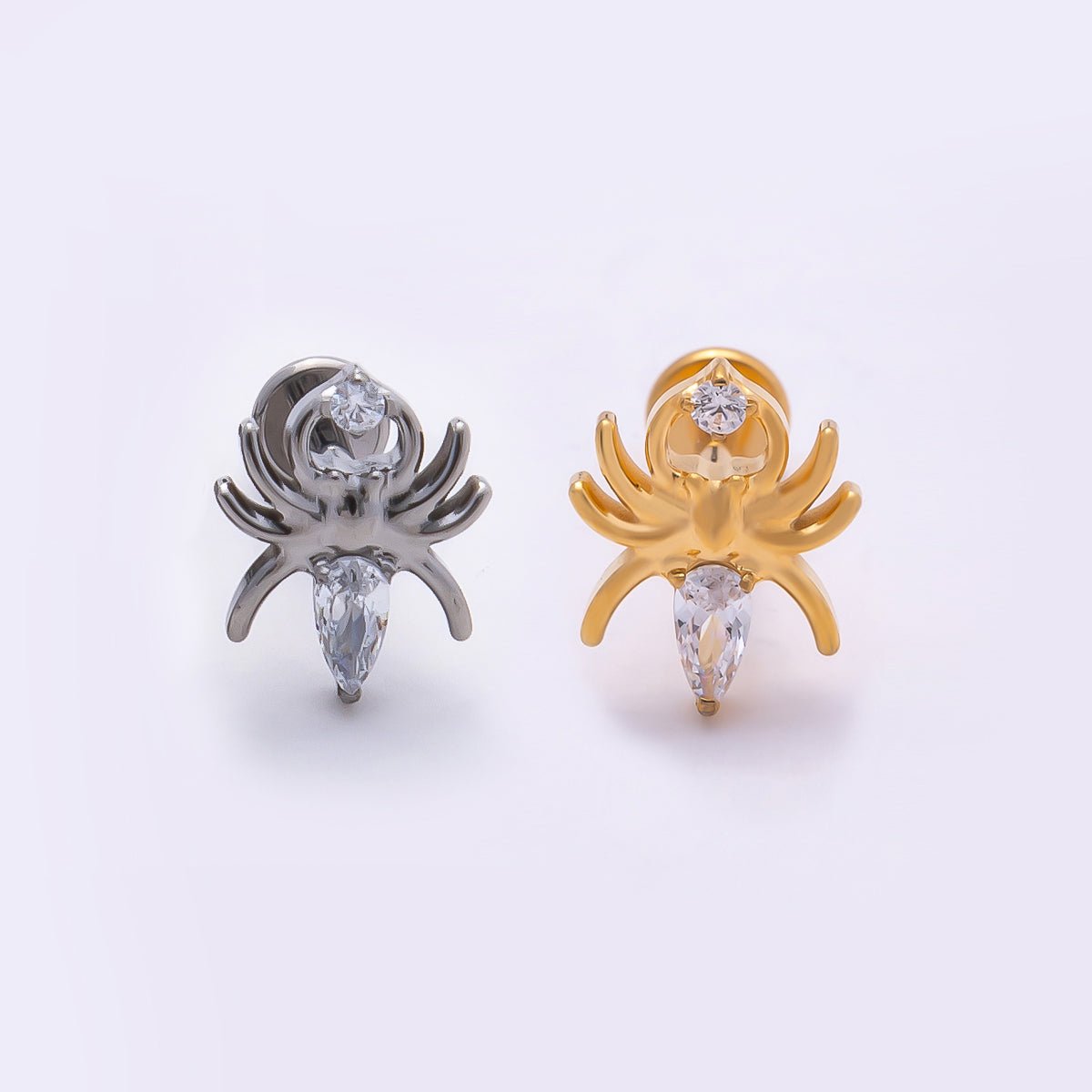 Titanium 9mm Clear Marquise CZ Spider Cartilage Piercing Flat Back Stud in Gold &amp; Silver | BJ-00156 BJ-00157