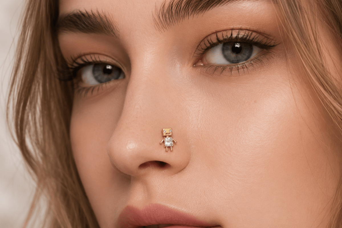 Titanium Clear CZ Robot Cartilage Piercing Flat Back Stud in Gold &amp; Silver | BJ-00088 BJ-00089