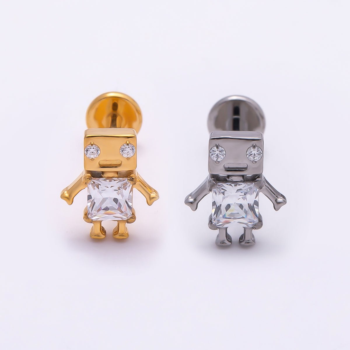 Titanium Clear CZ Robot Cartilage Piercing Flat Back Stud in Gold &amp; Silver | BJ-00088 BJ-00089