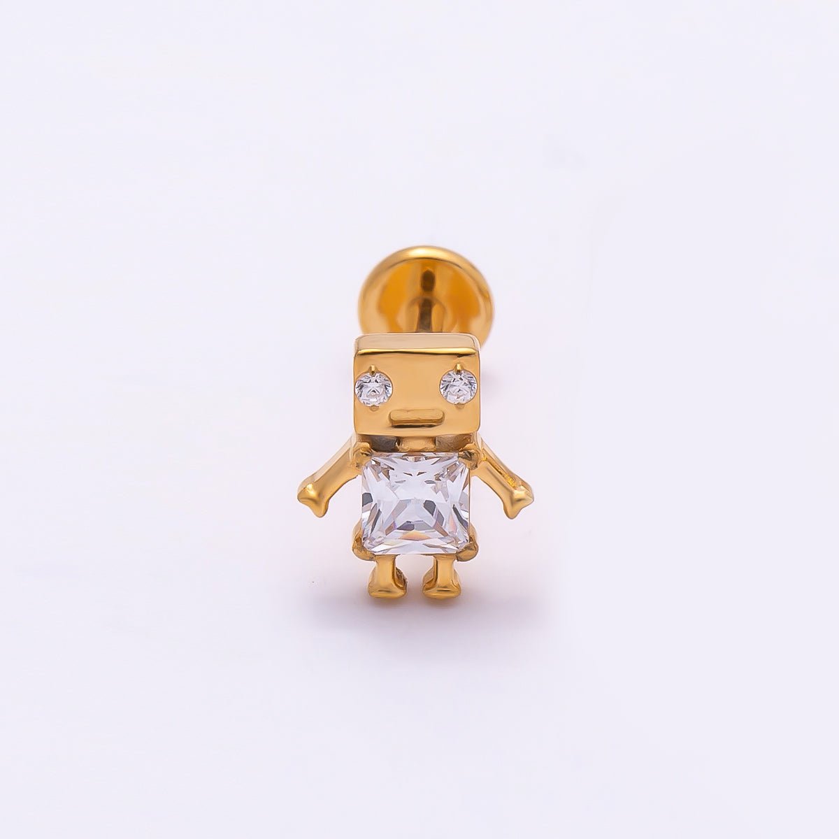 Titanium Clear CZ Robot Cartilage Piercing Flat Back Stud in Gold &amp; Silver | BJ-00088 BJ-00089