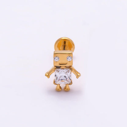 Titanium Clear CZ Robot Cartilage Piercing Flat Back Stud in Gold &amp; Silver | BJ-00088 BJ-00089