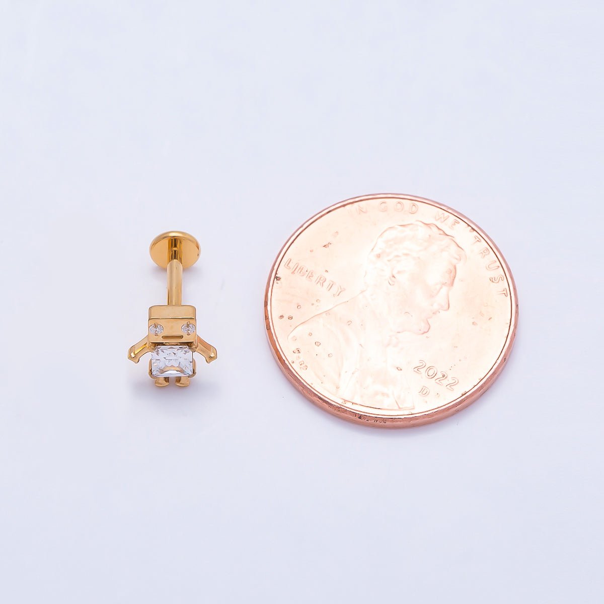 Titanium Clear CZ Robot Cartilage Piercing Flat Back Stud in Gold &amp; Silver | BJ-00088 BJ-00089