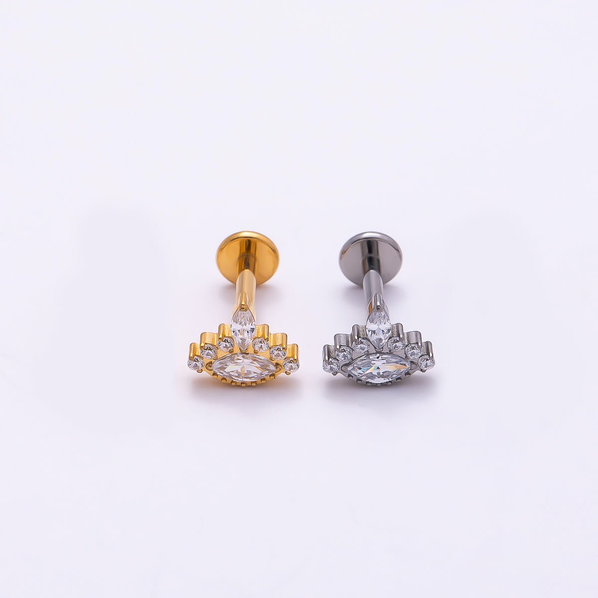 Titanium Marquise CZ Cartilage Piercing Flat Back Stud in Gold &amp; Silver | BJ-00092 BJ-00093