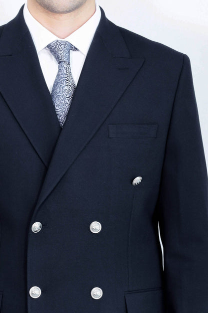 Modern Fit Double-Breasted Navy Men’s Suit with Silver-Tone Metal Buttons – Wessi