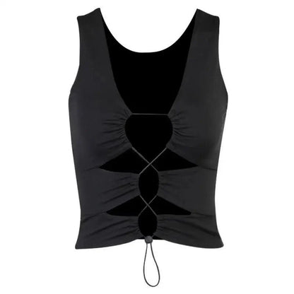 Trendy fashion styles cute summer Hollow Out Lace Up Patchwork Tank Crop Top flattering tops Summer Clothes