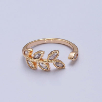 TRENDY Gold Leaf Ring, Pave Leaf Ring, Olive Leaf Vine Ring, Wraparound Ring, Nature Ring, Adjustable Size Ring O-2252