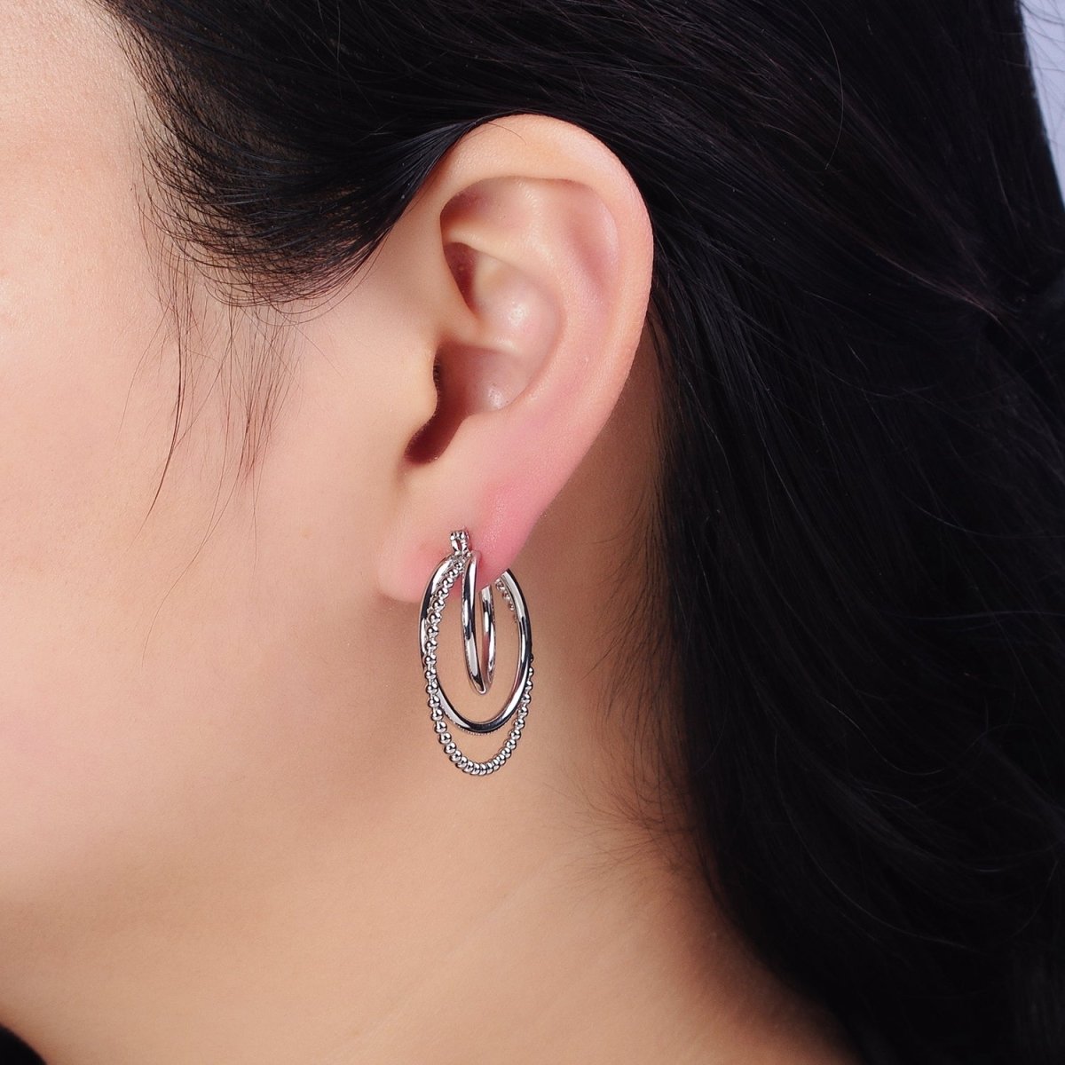 Triple Hoop Earrings, Big Gold Hoops, Statement Earrings Silver Beaded Modern Hoop Earring AD1209 AD1210
