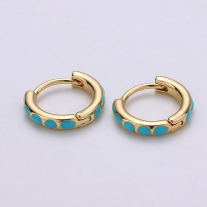 14K Gold Filled 15mm Teal Turquoise Dotted Enamel Huggie Earrings | Q207