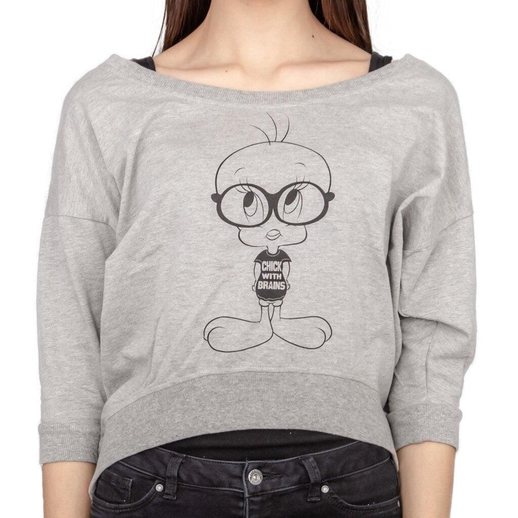 Tweety Bird Chick With Brains Cropped Sweatshirt