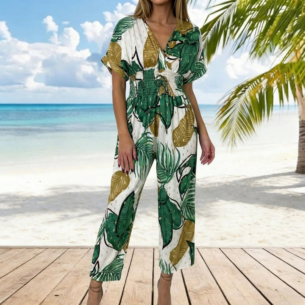 Summer V-Neck Printed Dolman Sleeve Cropped Wide-Leg Jumpsuit