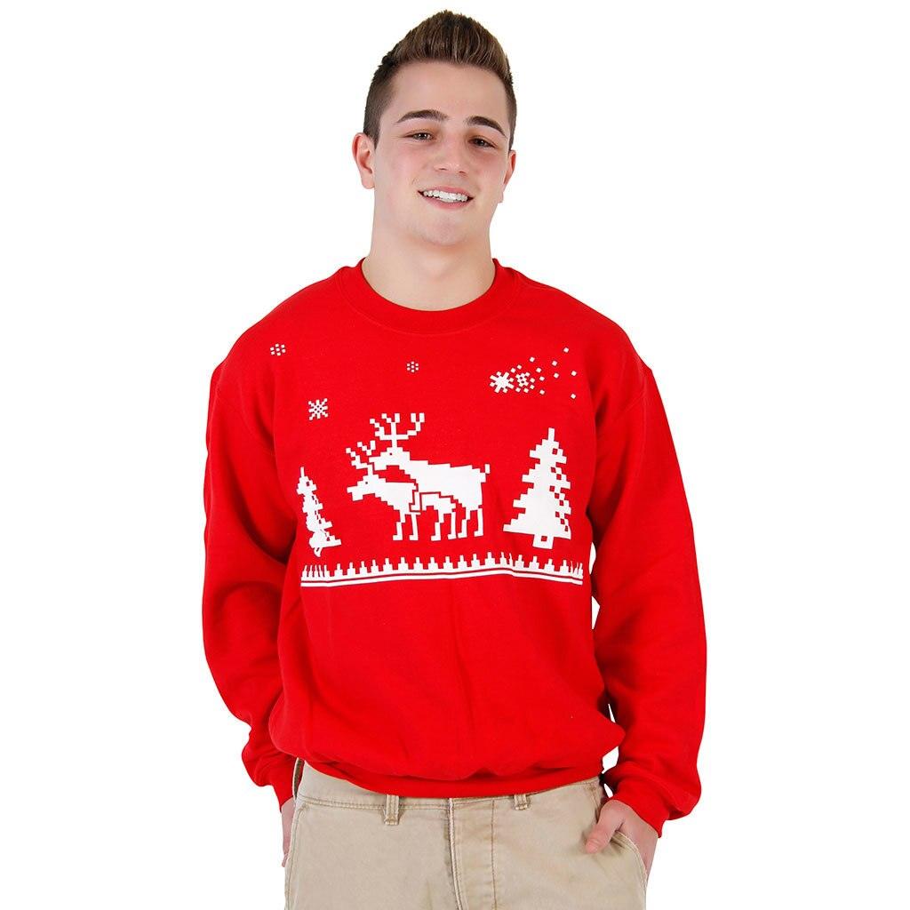 Ugly Christmas Humping Reindeer &amp; Pine Trees 8-Bit Red Sweatshirt