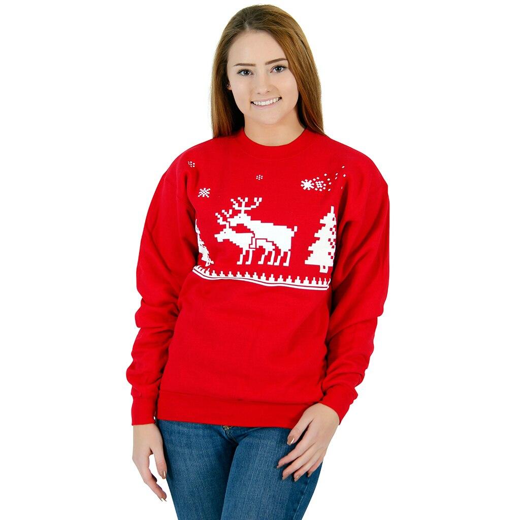Ugly Christmas Humping Reindeer &amp; Pine Trees 8-Bit Red Sweatshirt