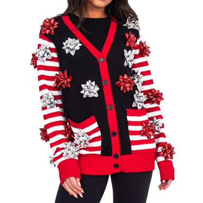Ugly Christmas Sweater Gift Wrapping Bow Unisex Cardigan