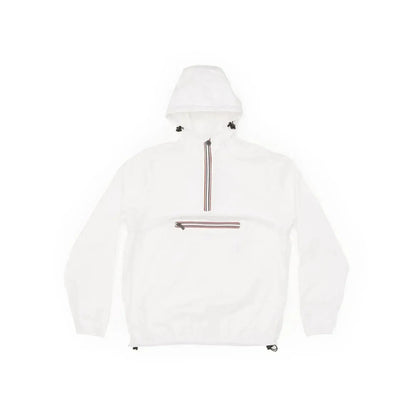 White quarter zip packable rain jacket and windbreaker