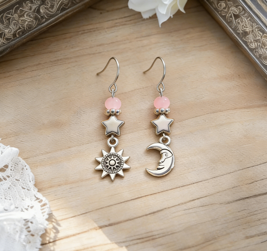 Long Vintage Sun, Moon &amp; Star Drop Earrings