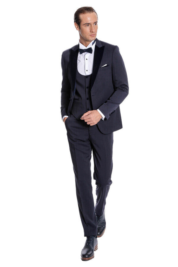 Velvet Lapel Slim Fit Navy Blue Men Tuxedo - Wessi