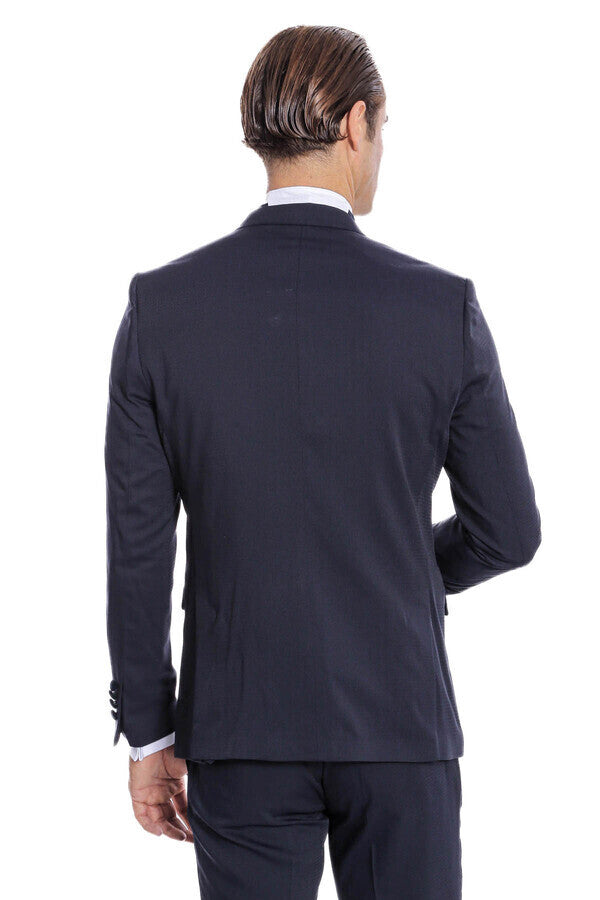Velvet Lapel Slim Fit Navy Blue Men Tuxedo - Wessi