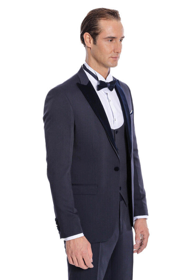 Velvet Lapel Slim Fit Navy Blue Men Tuxedo - Wessi