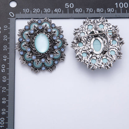 Vintage Antique Silver Flower Brooch Aqua Blue Turquoise Crystal Pin | BH-002