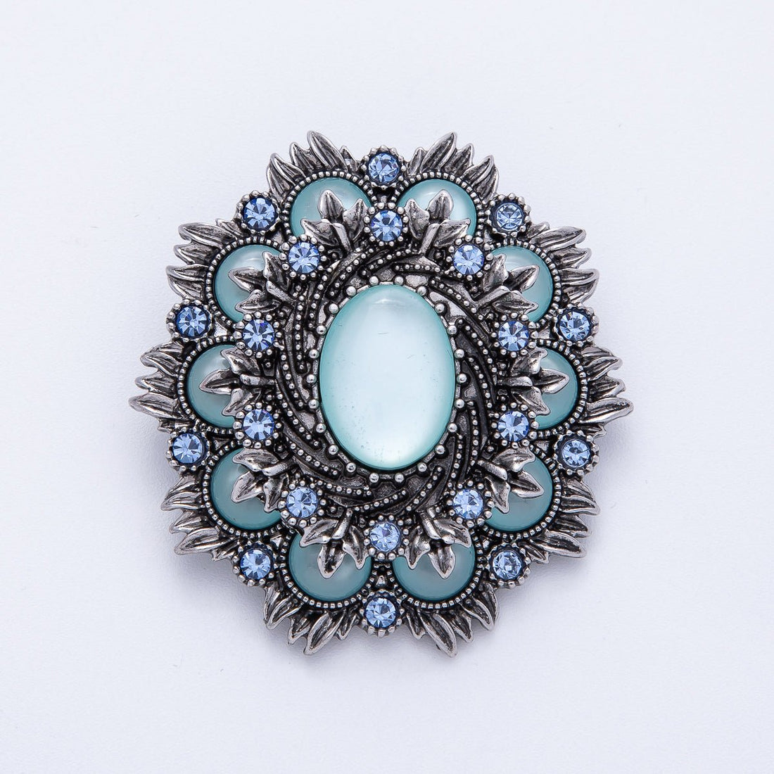 Vintage Antique Silver Flower Brooch Aqua Blue Turquoise Crystal Pin | BH-002