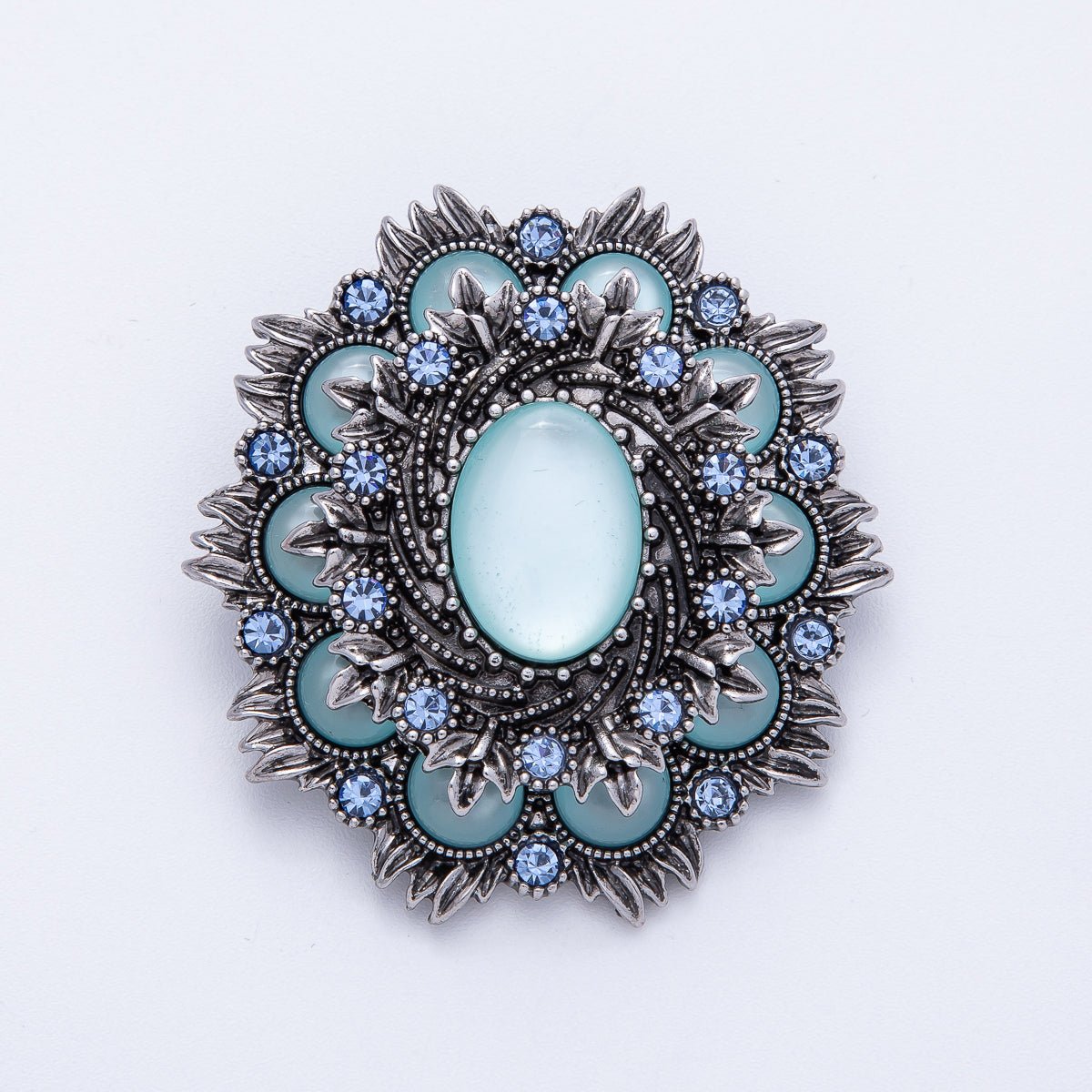 Vintage Antique Silver Flower Brooch Aqua Blue Turquoise Crystal Pin | BH-002