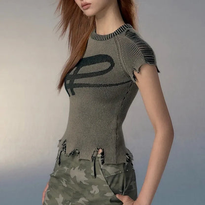 Vintage Distressed Knitted Top - Grunge Aesthetics Crop Tee