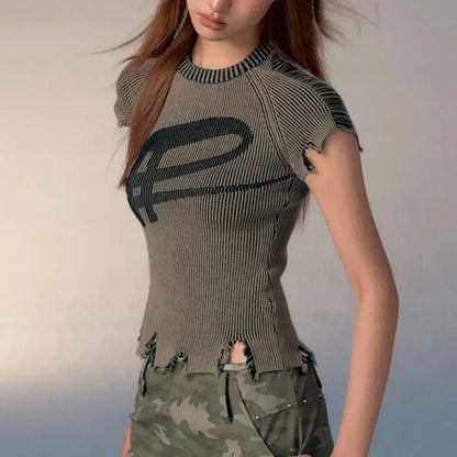 Vintage Distressed Knitted Top - Grunge Aesthetics Crop Tee