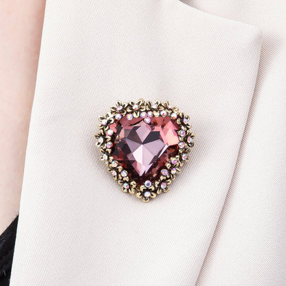 Vintage Gold 36mm Red Rhinestone Flower Heart Pin Brooch | BH-00121