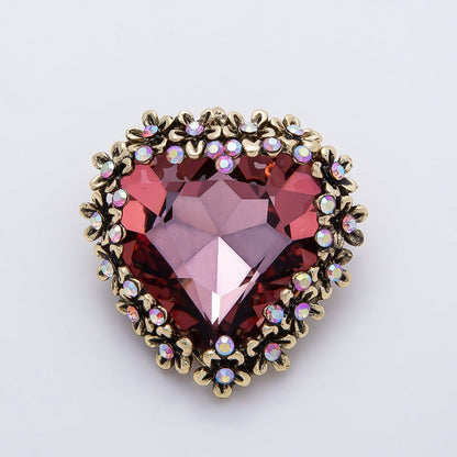 Vintage Gold 36mm Red Rhinestone Flower Heart Pin Brooch | BH-00121