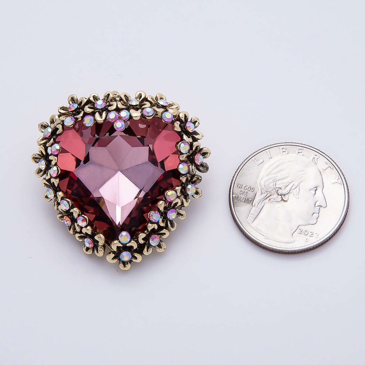 Vintage Gold 36mm Red Rhinestone Flower Heart Pin Brooch | BH-00121