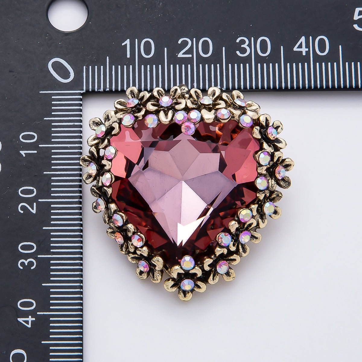 Vintage Gold 36mm Red Rhinestone Flower Heart Pin Brooch | BH-00121