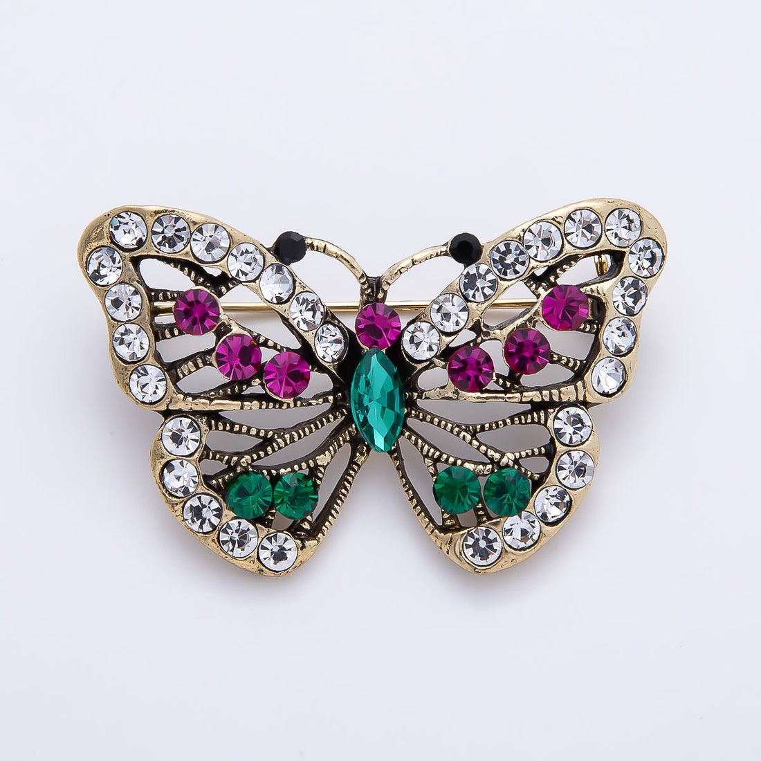 Vintage Gold 45mm Multicolor Rhinestone Open Butterfly Mariposa Animal Pin Brooch | BH-00158