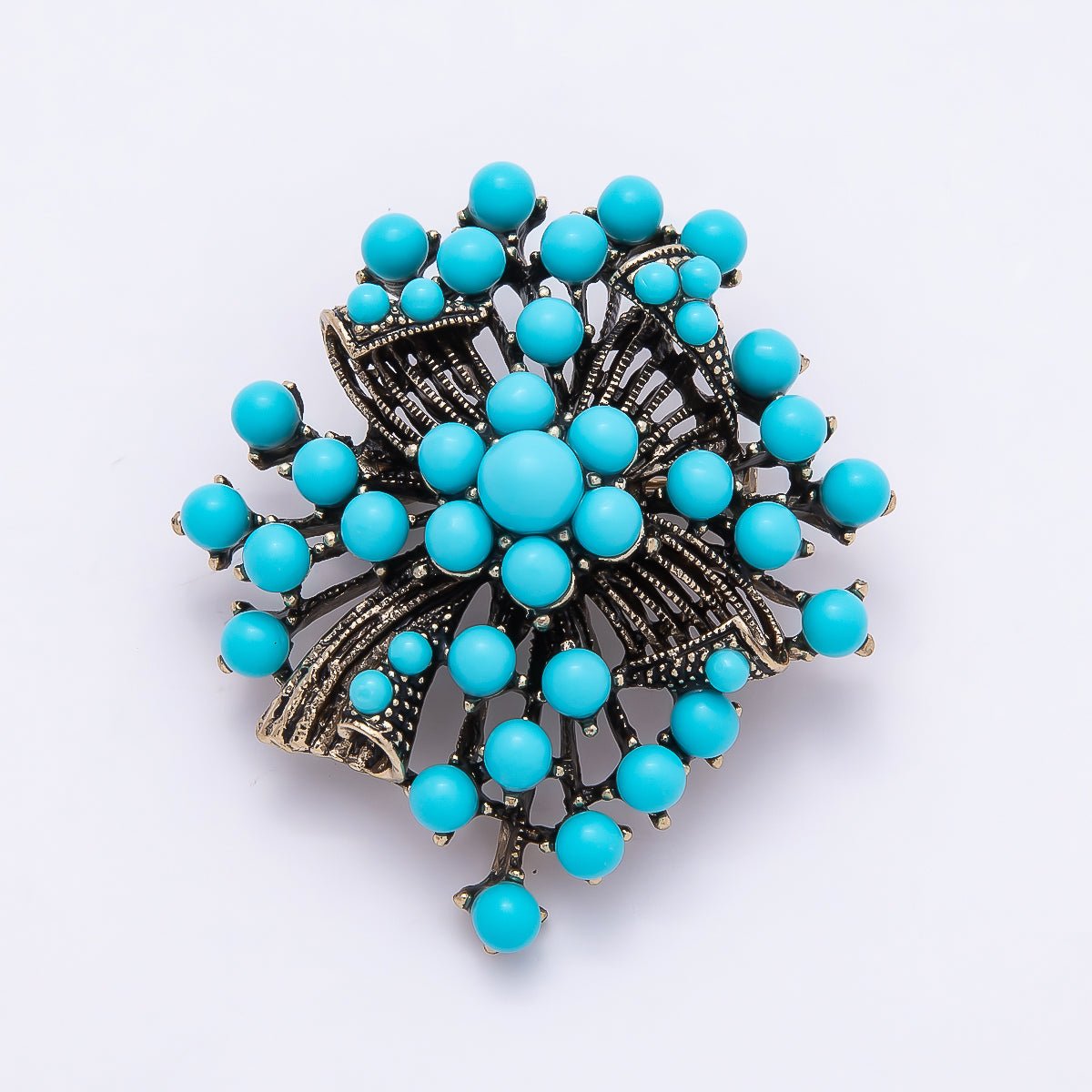 Vintage Gold 46mm x 42mm Turquoise Enamel Floral Geometric Pin Brooch | BH-143